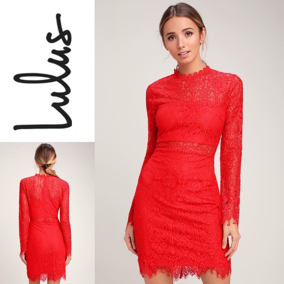 Lulus Dresses & Skirts - NWT LULU’S Red Lace Long Sleeve Dress